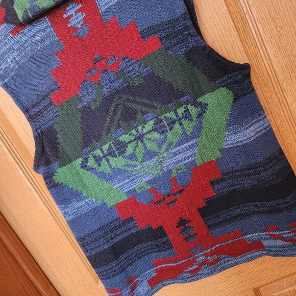 Chaps Navajo Southwestern Sweater Vest Women's Size XL Shawl Neck Button Blue - Picture 10 of 16